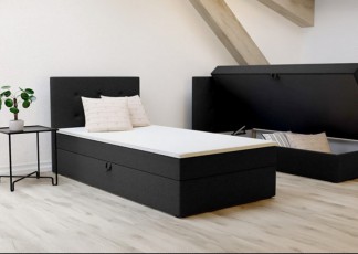 Eleganckie łóżko jednoosobowe Bastian 90cm, tapicerowane czarnym materiałem, posiada wygodny materac i schowek