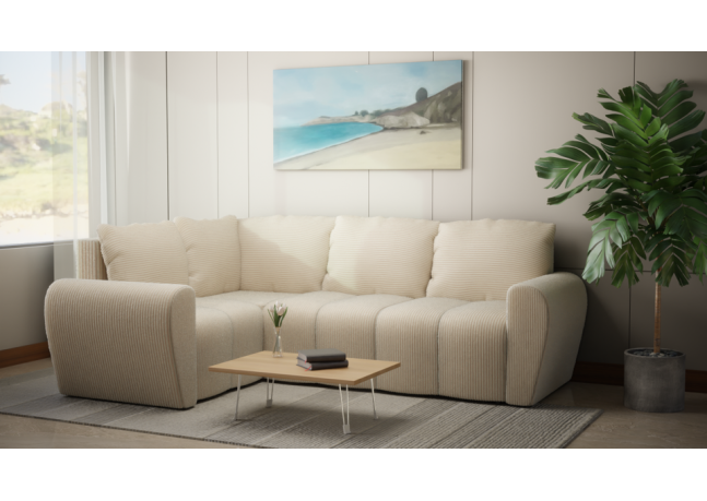 Komfortowa sofa narożna BUENO II z funkcją spania, tapicerowana w niebieskim kolorze, schowek pod siedziskiem