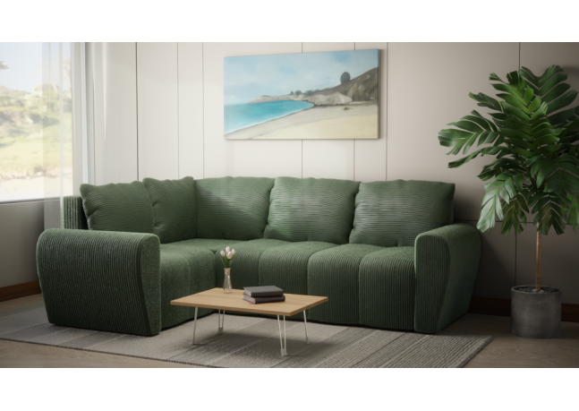 Komfortowa sofa narożna BUENO II z funkcją spania, tapicerowana w niebieskim kolorze, schowek pod siedziskiem