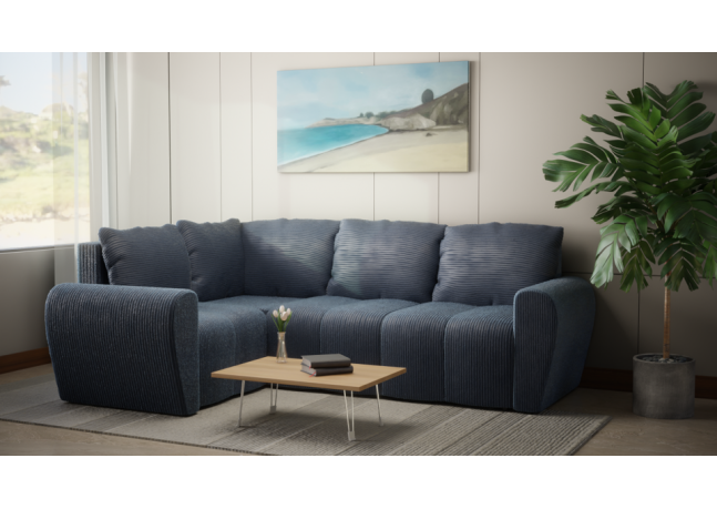 Komfortowa sofa narożna BUENO II z funkcją spania, tapicerowana w niebieskim kolorze, schowek pod siedziskiem, Lewy
