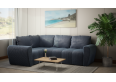 Komfortowa sofa narożna BUENO II z funkcją spania, tapicerowana w niebieskim kolorze, schowek pod siedziskiem