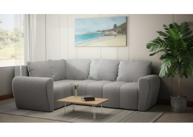 Komfortowa sofa narożna BUENO II z funkcją spania, tapicerowana w niebieskim kolorze, schowek pod siedziskiem