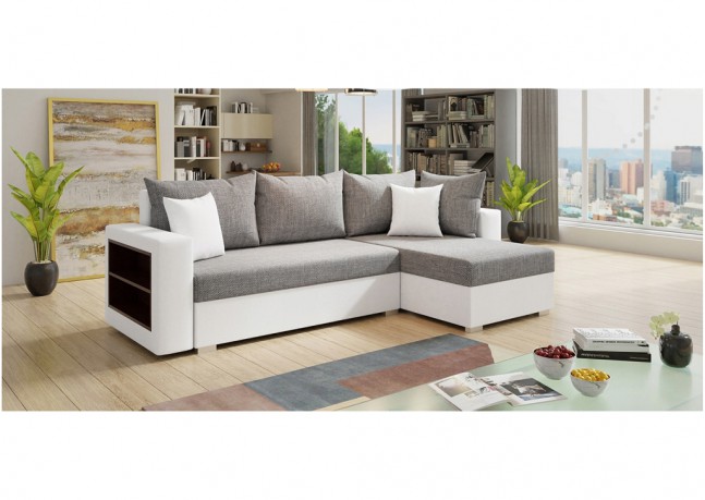 Sofa narożna KONGO, uniwersalny mebel z funkcją spania i praktyczną półką