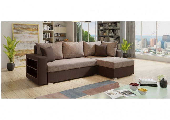 Sofa narożna KONGO, uniwersalny mebel z funkcją spania i praktyczną półką