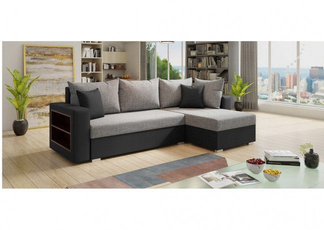 Sofa narożna KONGO, uniwersalny mebel z funkcją spania i praktyczną półką