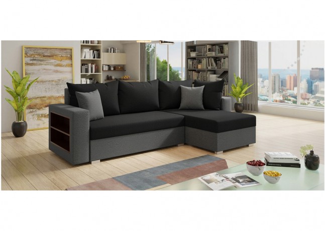 Sofa narożna KONGO, uniwersalny mebel z funkcją spania i praktyczną półką