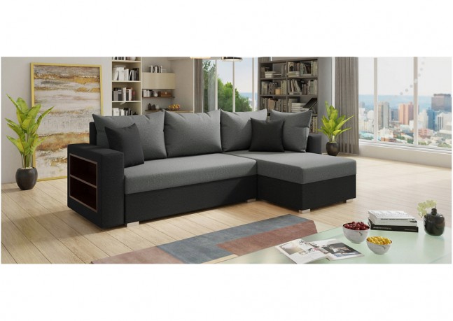 Sofa narożna KONGO, uniwersalny mebel z funkcją spania i praktyczną półką