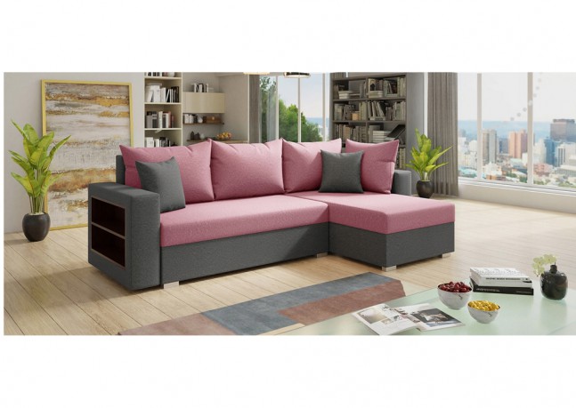 Sofa narożna KONGO, uniwersalny mebel z funkcją spania i praktyczną półką