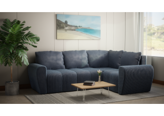 Komfortowa sofa narożna BUENO II z funkcją spania, tapicerowana w niebieskim kolorze, Lincoln 77, schowek pod siedziskiem, Prawy