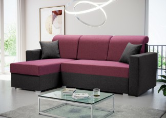 Sofa narożna z pojemnikiem na pościel i poduszkami dekoracyjnymi, fioletowo - szara, Marco