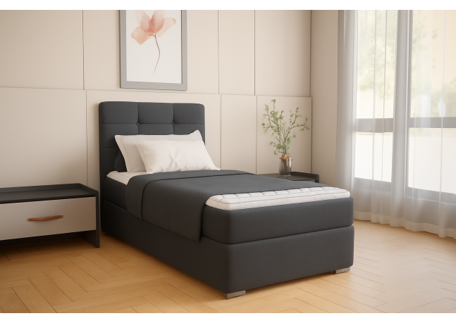 Jednoosobowe łóżko BRUNO 100 cm, wyposażone w wygodny materac, tapicerowane ciemnoszarą tkaniną, Sawana 05, strona lewa