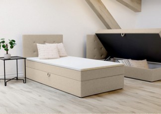 Wygodne łóżko jednoosobowe Bastian 90cm, miękkie wykończenie w beżowym kolorze