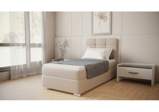 Eleganckie łóżko jednoosobowe BRUNO 100 cm, tapicerowane materiałem Cosmic 10, posiada wygodny materac i schowek, strona prawa