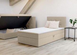 Wygodne łóżko jednoosobowe Bastian 90cm, miękkie wykończenie w beżowym kolorze, prawe