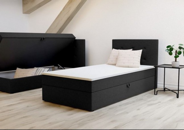 Wygodne łóżko jednoosobowe Bastian 90cm, miękkie wykończenie w beżowym kolorze, prawe