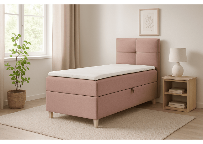 Wygodne i eleganckie łóżko kontynentalne DOMI 90 cm, pudrowy róż, strona prawa