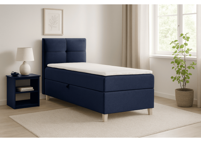 Klasyczne, jednoosobowe łóżko kontynentalne DOMI 90 cm, granatowe, strona lewa