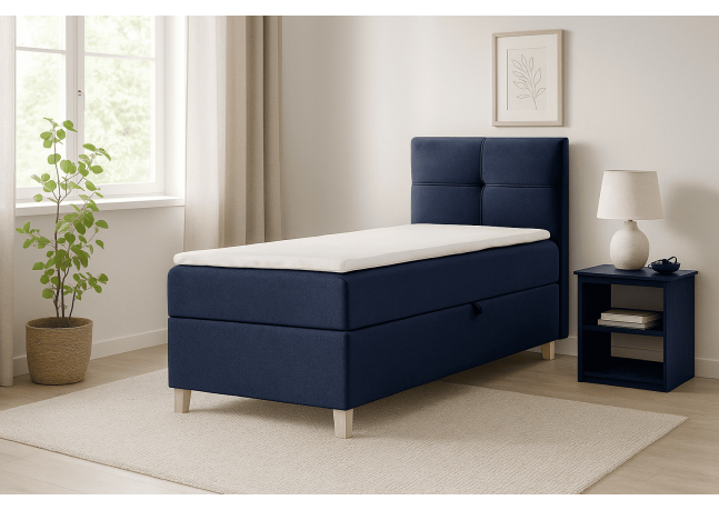 Klasyczne, jednoosobowe łóżko kontynentalne DOMI 90 cm, granatowe, strona prawa