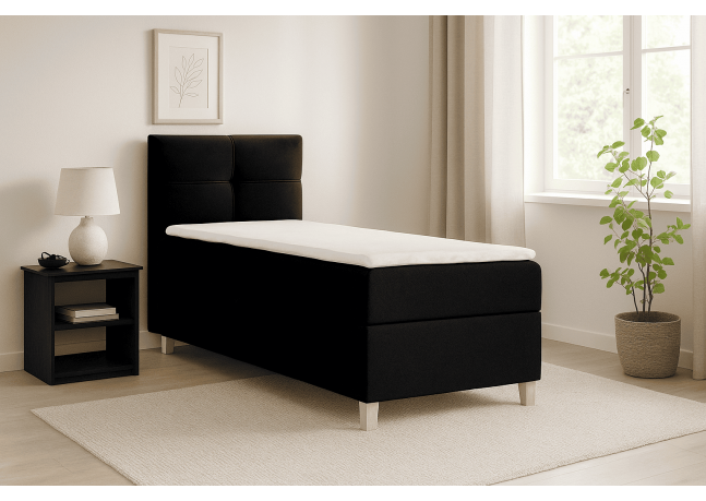 Ponadczasowe łóżko kontynentalne z eleganckim zagłówkiem - DOMI 90 cm, czarne, strona lewa