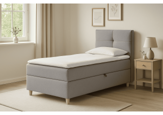 Szare, klasyczne łóżko kontynentalne DOMI 90cm, eleganckie wykończenie, prawe