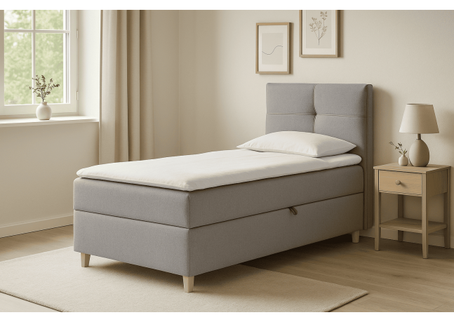 Szare, klasyczne łóżko kontynentalne DOMI 90cm, eleganckie wykończenie, prawe