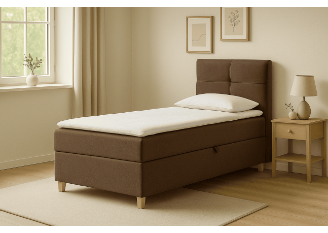 Klasyczne łóżko kontynentalne z wygodnym materacem - DOMI 100 cm, brązowe, strona prawa