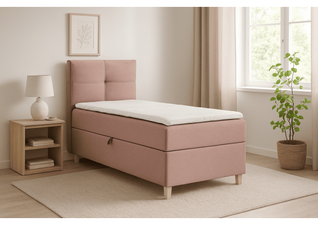 Łóżko kontynentalne DOMI 100cm – elegancja i wygoda w jednym, pudrowy róż, strona lewa