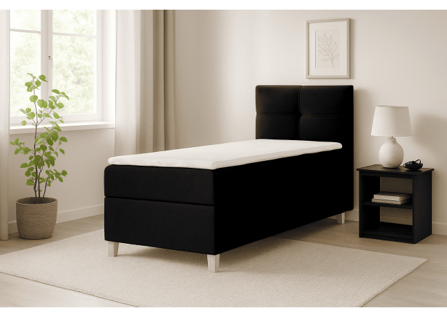 Ponadczasowe, jednoosobowe łóżko kontynentalne z wygodnym materacem i pojemnikiem na pościel - DOMI 100 cm, strona prawa