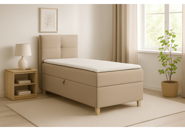 Praktyczne łóżko kontynentalne z wygodnym materacem i panelowym zagłowiem - DOMI 100 cm, beżowe, strona lewa