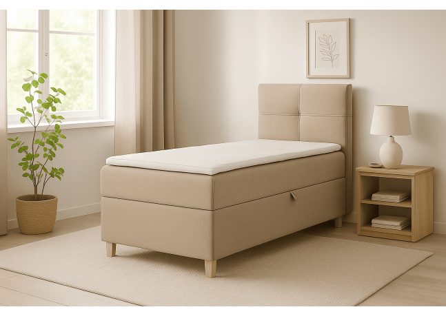 Praktyczne łóżko kontynentalne z wygodnym materacem i panelowym zagłowiem - DOMI 100 cm, beżowe, strona prawa