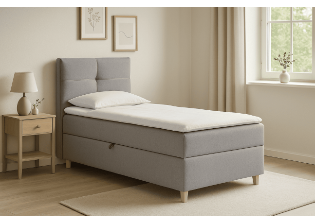 Eleganckie łóżko kontynentalne z wygodnym materacem i praktycznym pojemnikiem na pościel - DOMI 100 cm, szare, strona lewa