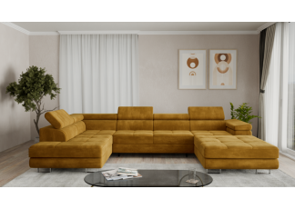 Duża sofa narożna z regulowanymi zagłówkami i pojemnikiem na pościel, złoty/musztardowy, Aspen U, lewy