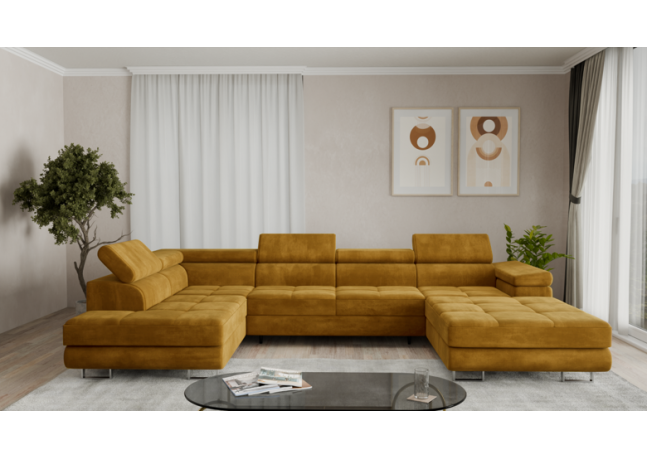 Duża sofa narożna z regulowanymi zagłówkami i pojemnikiem na pościel, złoty/musztardowy, Aspen U, lewy