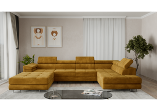 Duża sofa narożna z regulowanymi zagłówkami i pojemnikiem na pościel, złoty/musztardowy, Aspen U, prawy